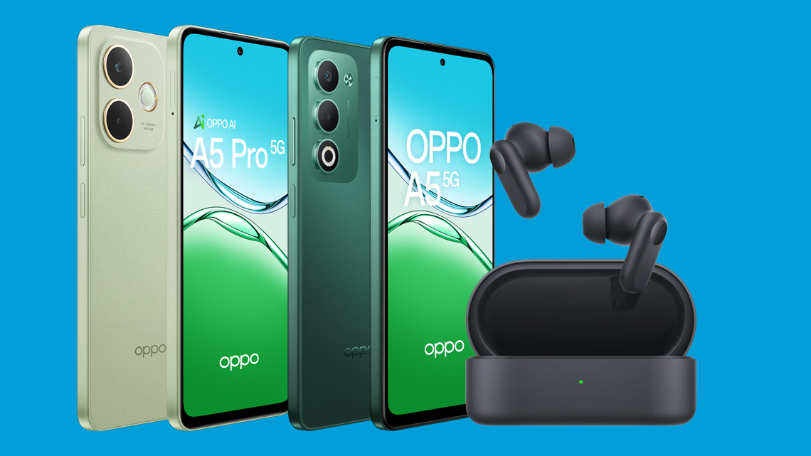 Modal - Gift with Purchase - OPPO - Buds - August 2025 OPPO A5 Smartphone and OPPO A5 Pro smartphone with a pair of Enco2 Buds on a blue background