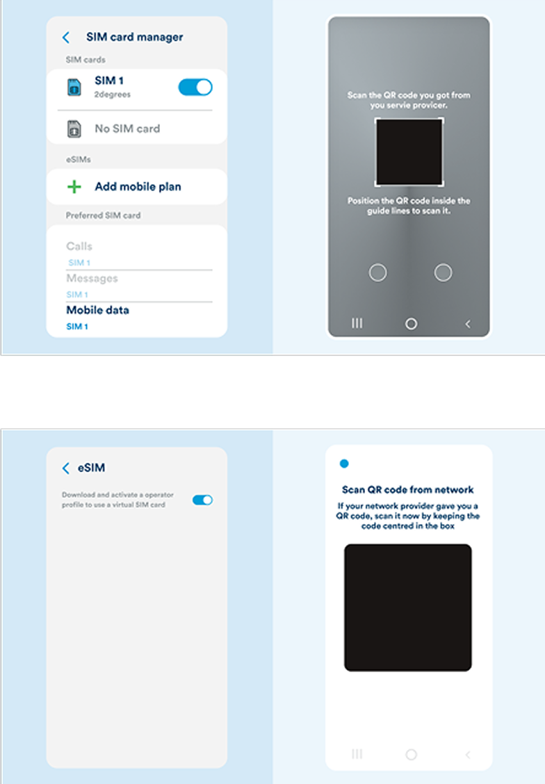 Screenshots on an Android phone for setting up an eSIM using a QR code