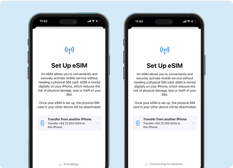 Screenshots showing the transfer of the eSIM