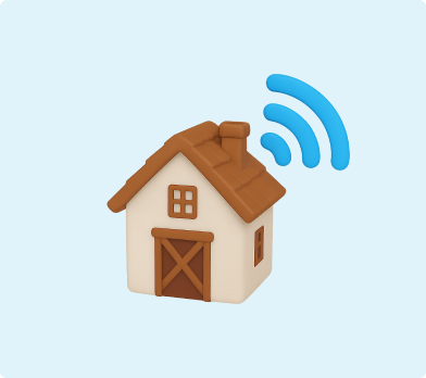 H&S - Broadband Article - Areas 3D emoji of a little barn style house with a wifi signal coming out of it