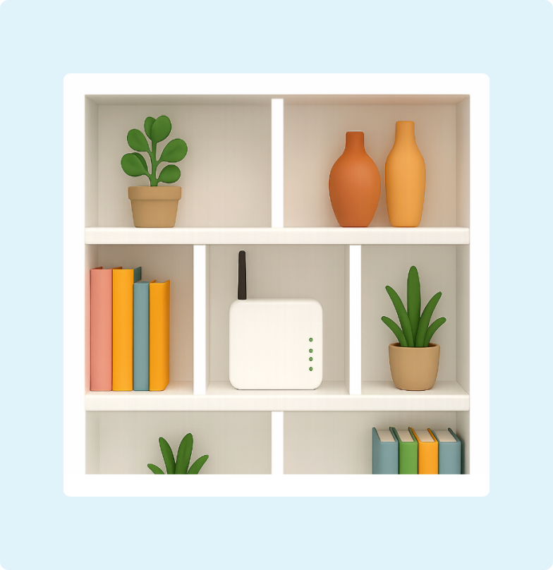 H&S - Broadband Article - Style your modem - Bookcase 3D emoji of a bookshelf holding the modem, books and plants