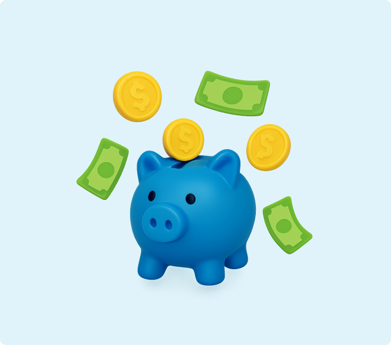 H&S - Broadband Article - Cost 3D emoji of a blue piggy bank with coins and notes around it