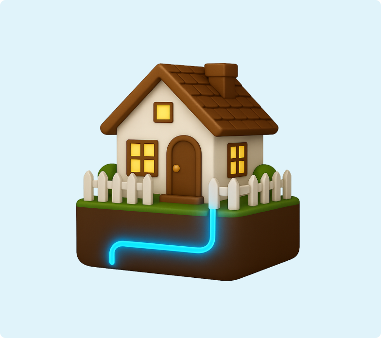 H&S - Broadband Article - Stay Put 3D emoji of a house showing a fibre line running into the property underground