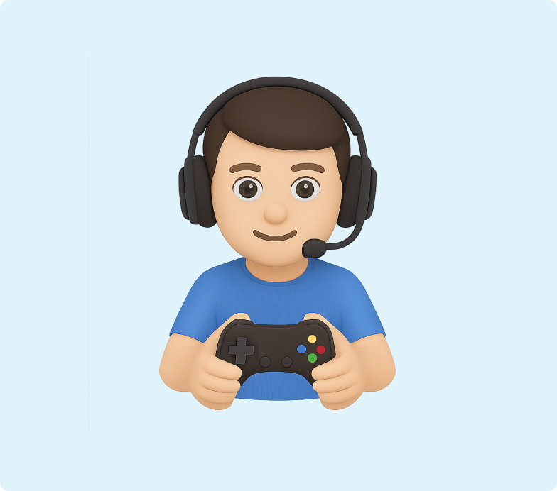 H&S - Broadband Article - Gamer 3D emoji of a boy playing video games and wearing headphones