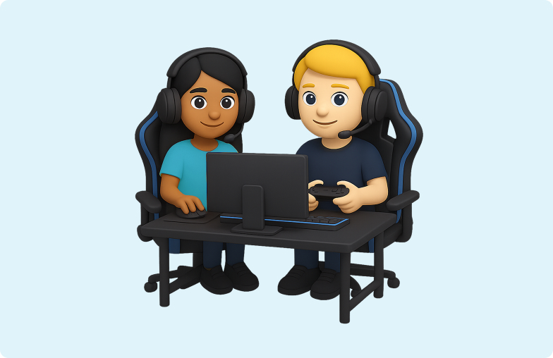 H&S - Broadband Article - Gaming 3D emoji of a man and a woman sitting at a desktop computer playing video games one with a controller and the other with the mouse