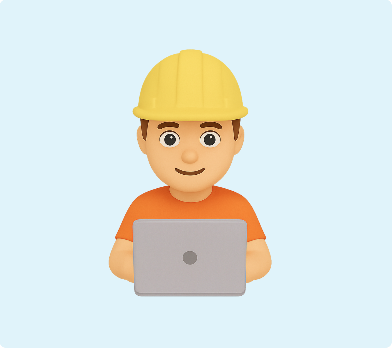 H&S - Broadband Article - Highly Mobile A 3D emoji of a builder working on a laptop while wearing a hardhat