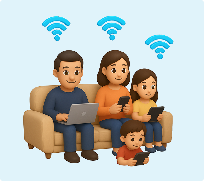 H&S - Broadband Article - Large Family 3D emoji of a family sitting on and around a couch with the father on a laptop, mother on her phone, daughter on a tablet and son sitting in front of the couch on a tablet