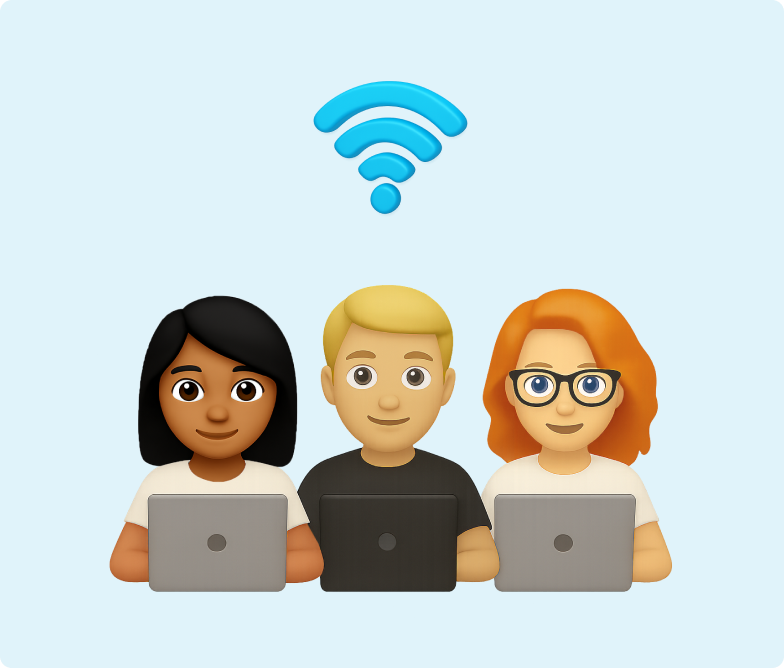 H&S - Broadband Article - Renters and Short Term 3D emojis of two women and a man working on laptops connected to wifi