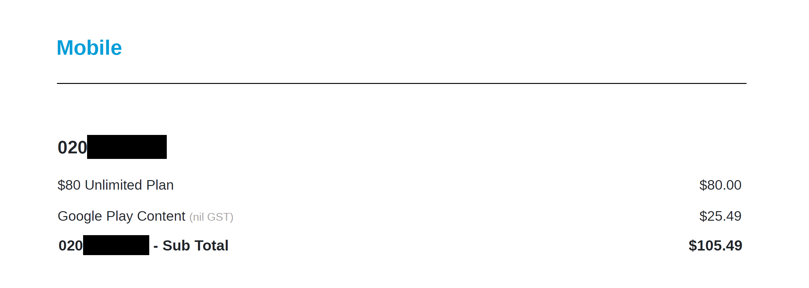 Screenshot of a 2degrees invoice showing Google Play charges