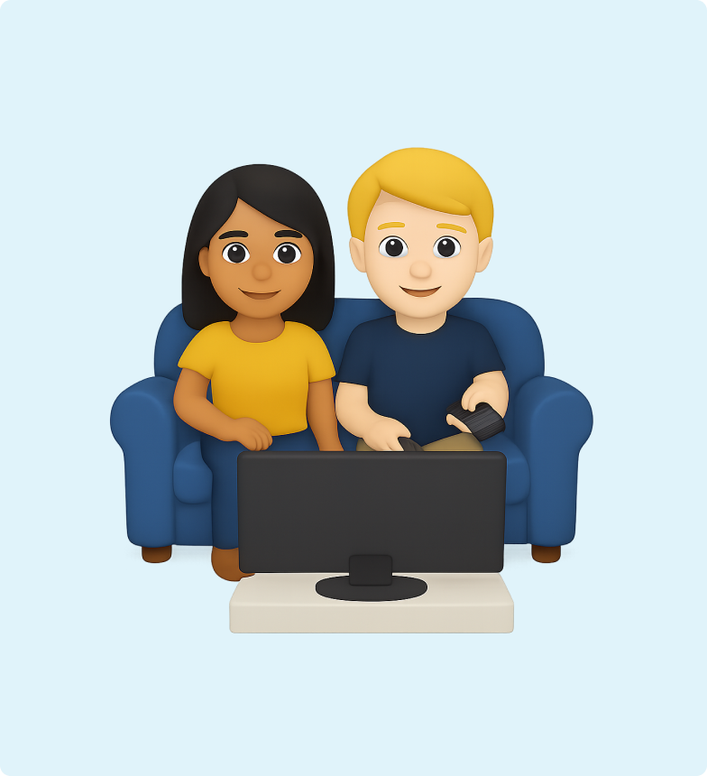 H&S - Broadband Article - Light to Moderate users 3D emoji of a couple sitting on a couch watching TV