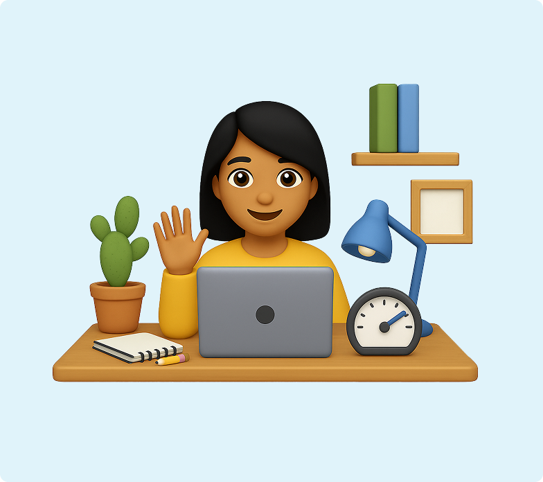 H&S - Broadband Article - WFH 3D emoji of a woman sitting at her desk with a laptop surrounded by notepads, books, a clock, a lamp and a plant
