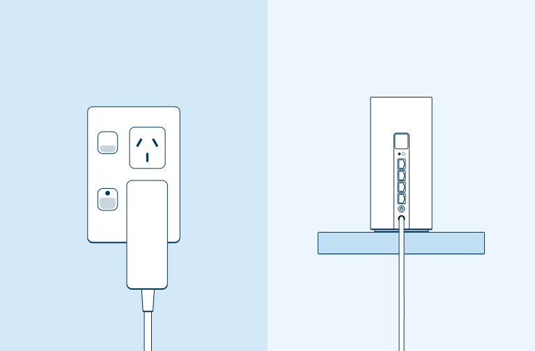 Image of a plug going into a power socket and the other end plugging into the modem on a light blue background