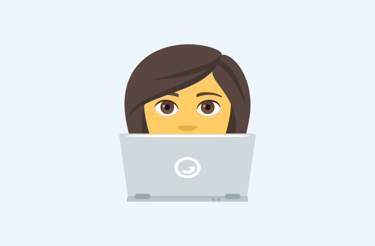 Emoji of a woman working on a laptop one a light blue background