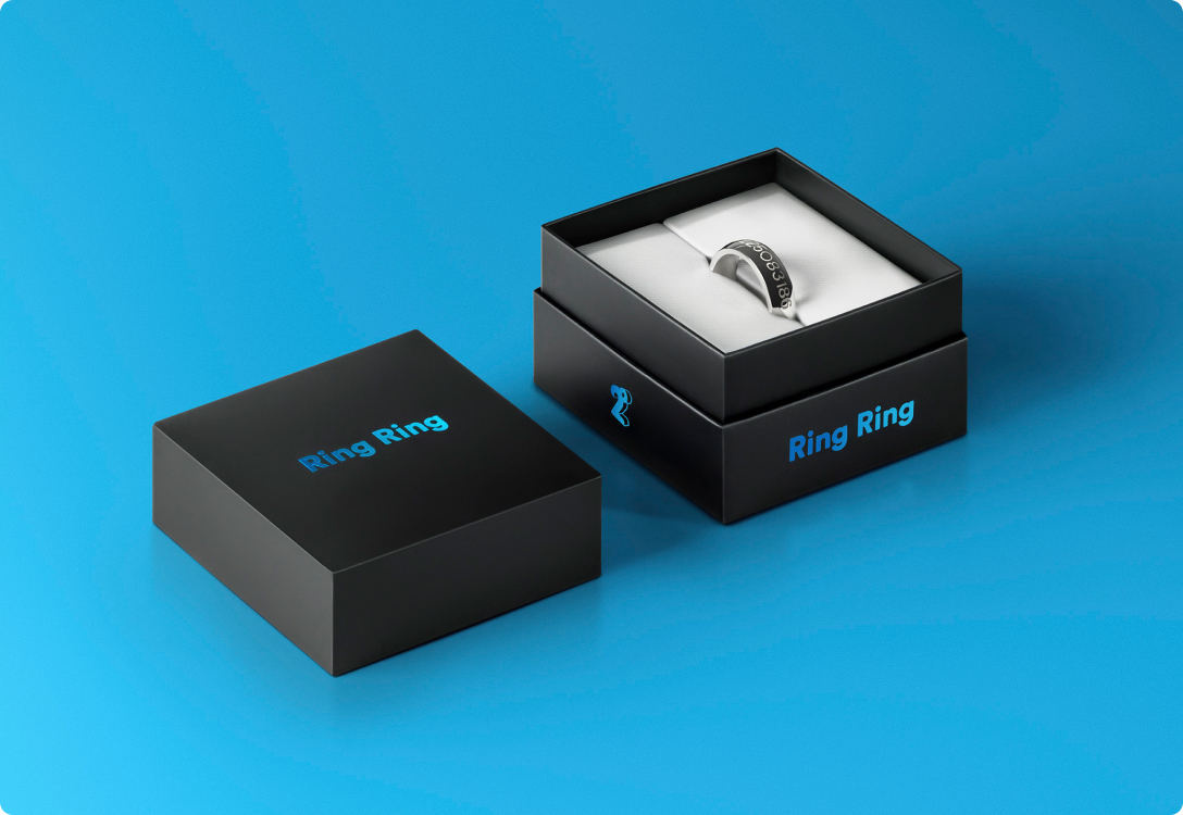 Image of the 2degrees Ring box with the ring inside on a blue background